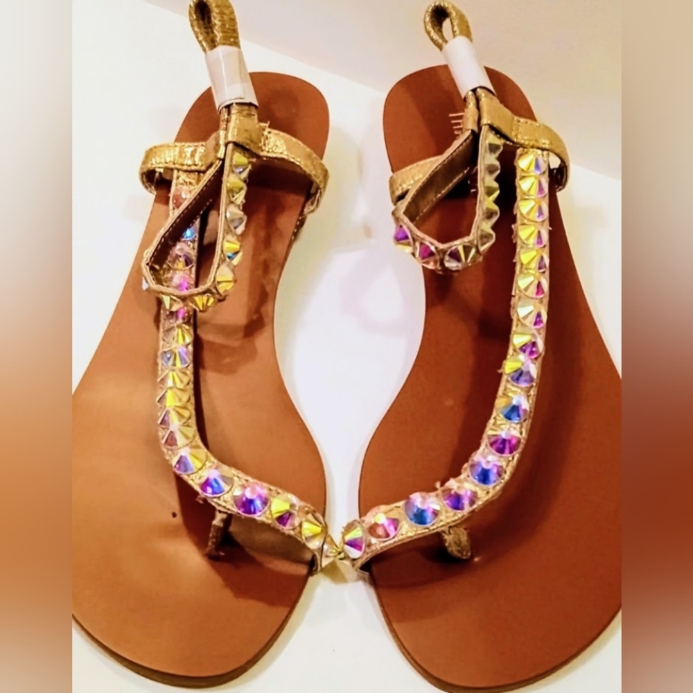 Thalia Sodi Gold Jeweled T-Strap Sandals